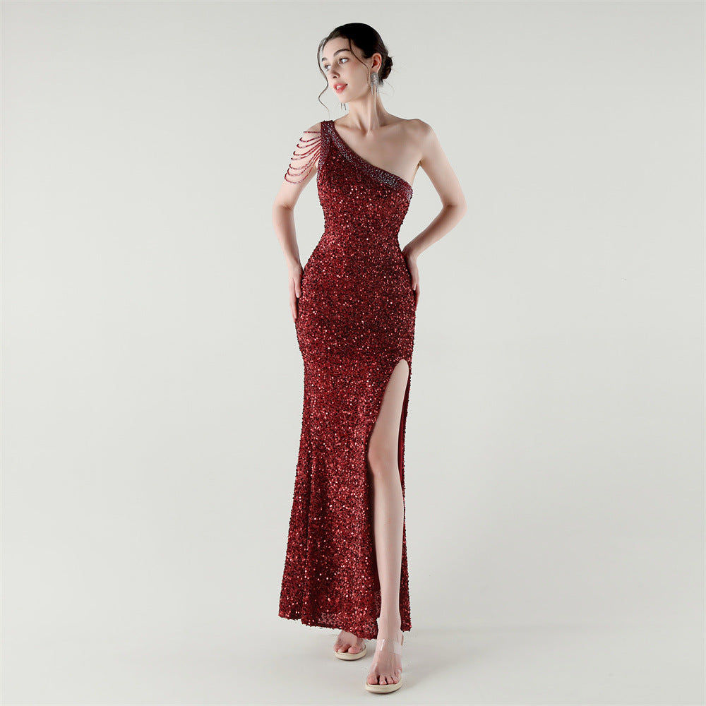 One Shoulder Rhinestone Chain Sequin Fishtail Evening Dress Formal Party Gown 5