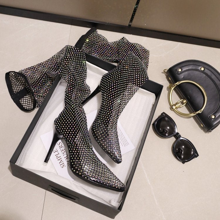 Sandals Women's High Heels Early Autumn Sexy Pointed Thin Heel Mesh Socks Hollow out Rhinestone Socks Boots Short Boots Cool Boots 19