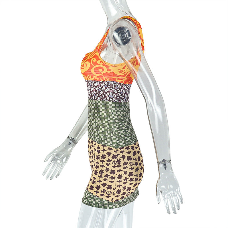 Women Print Patchwork Bodycon Casual Suspender Off Shoulder Sleeveless Dress 7