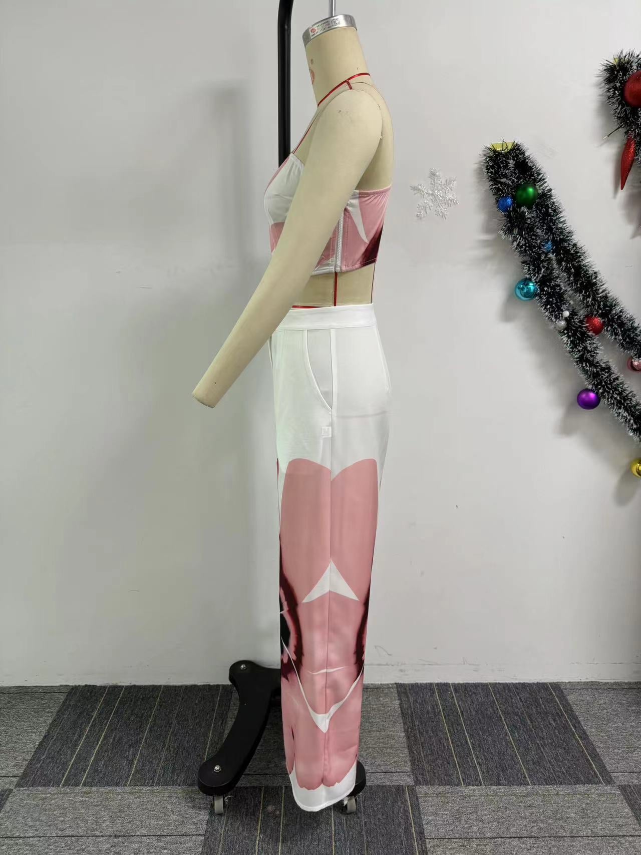 Printed One-Shoulder Top Slim Wide-Leg Pants Two-Piece Set 11