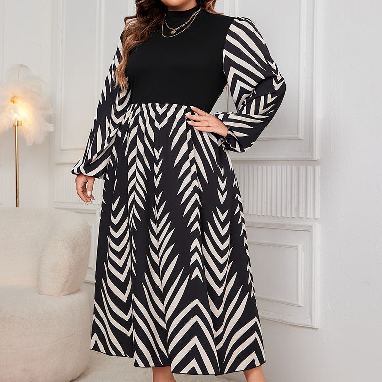 Women Patchwork Long Sleeve Autumn Elegant Puff Sleeve Maxi Dress 4
