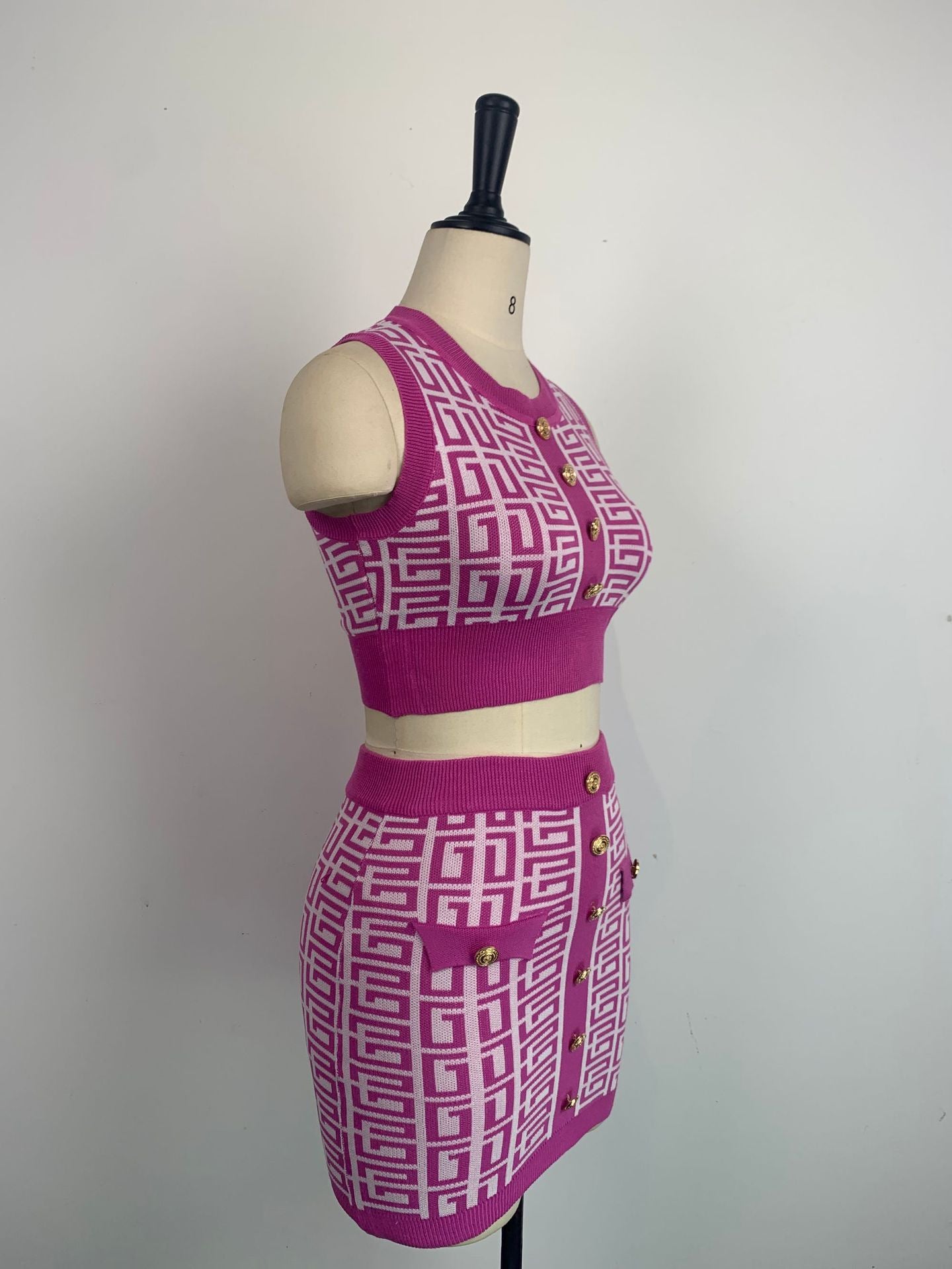 Women Round Neck Sleeveless Geometric Pattern Top and Skirt Two-Piece Set 8