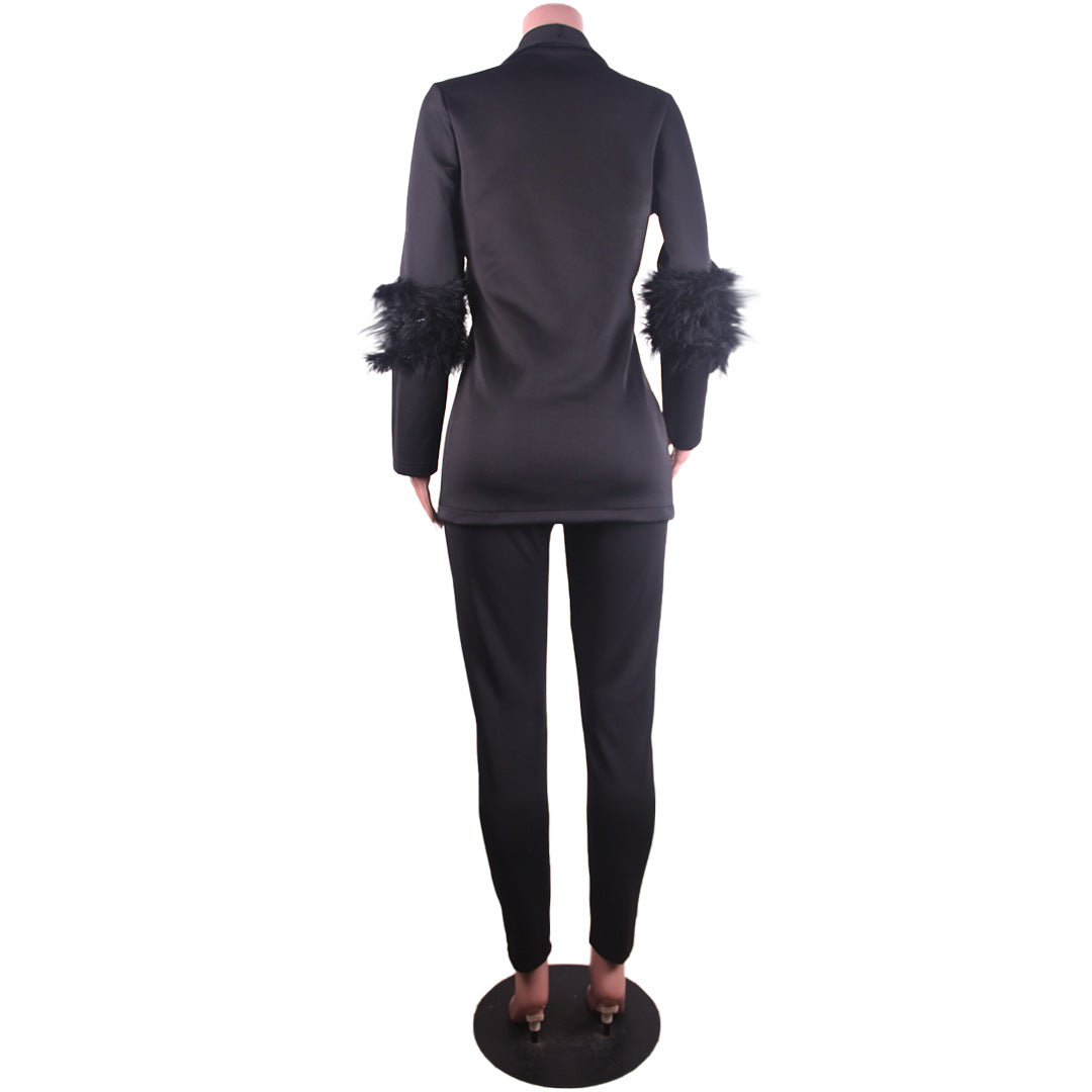 Fall Women Feather Blazer and Pant Two Piece 12