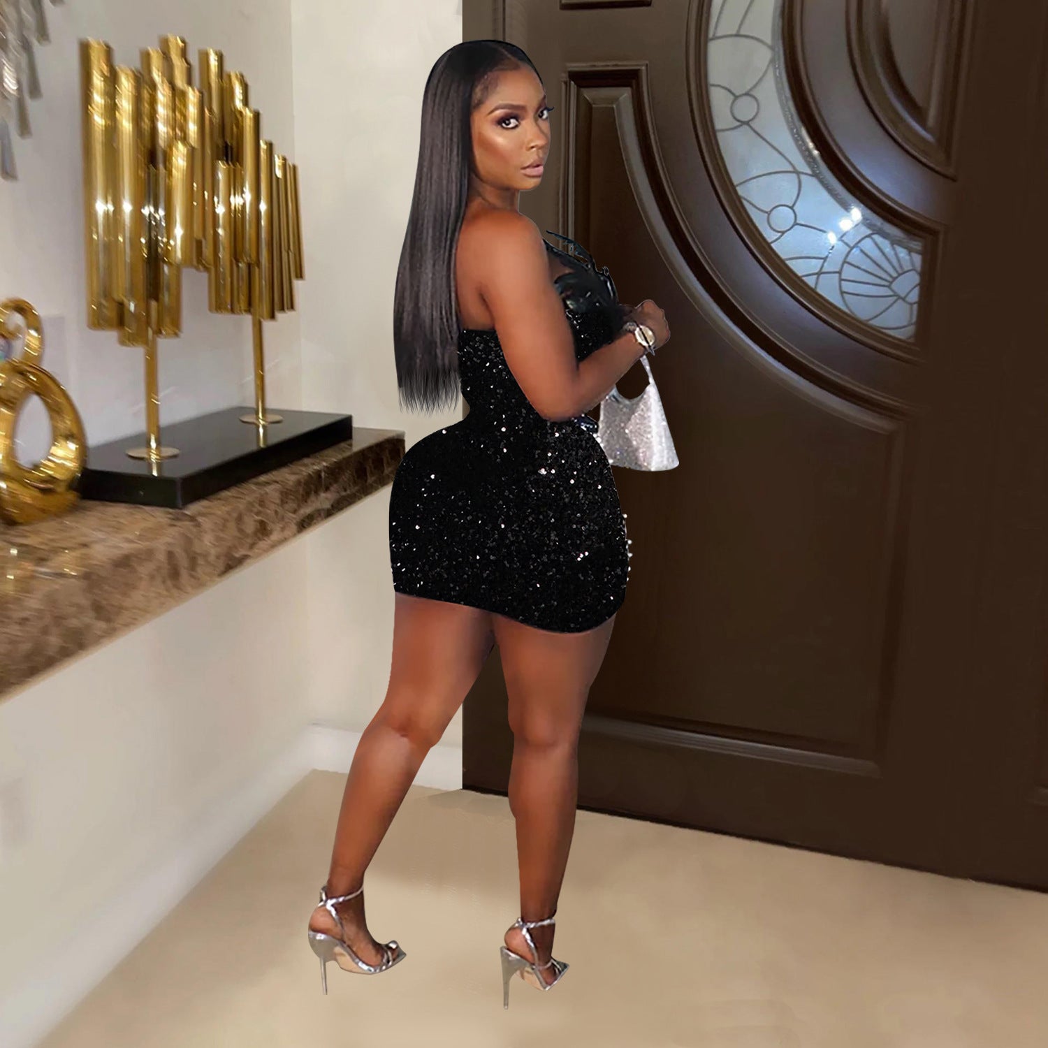 Women Sequin Feather Sleeveless Dress 5