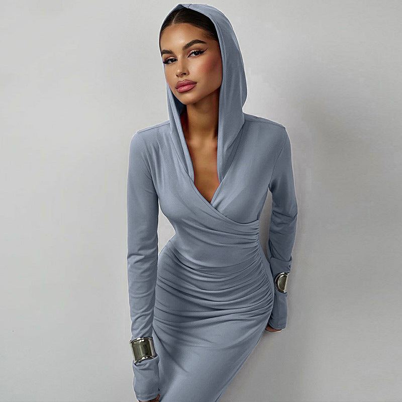 Women's Winter Fashion Slim Fit Hooded Sports Casual Solid Color Dress 5