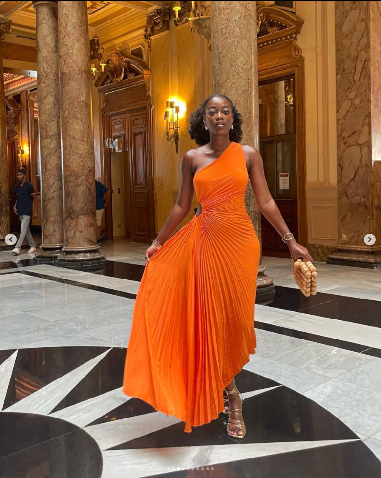 Elegant Slim Fit One Shoulder Cutout Pleated Gown Dress