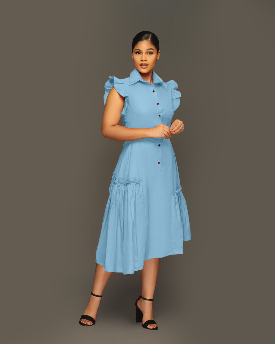Trendy Shirt Collar Irregular Ruffle Edge Swing Dress 4