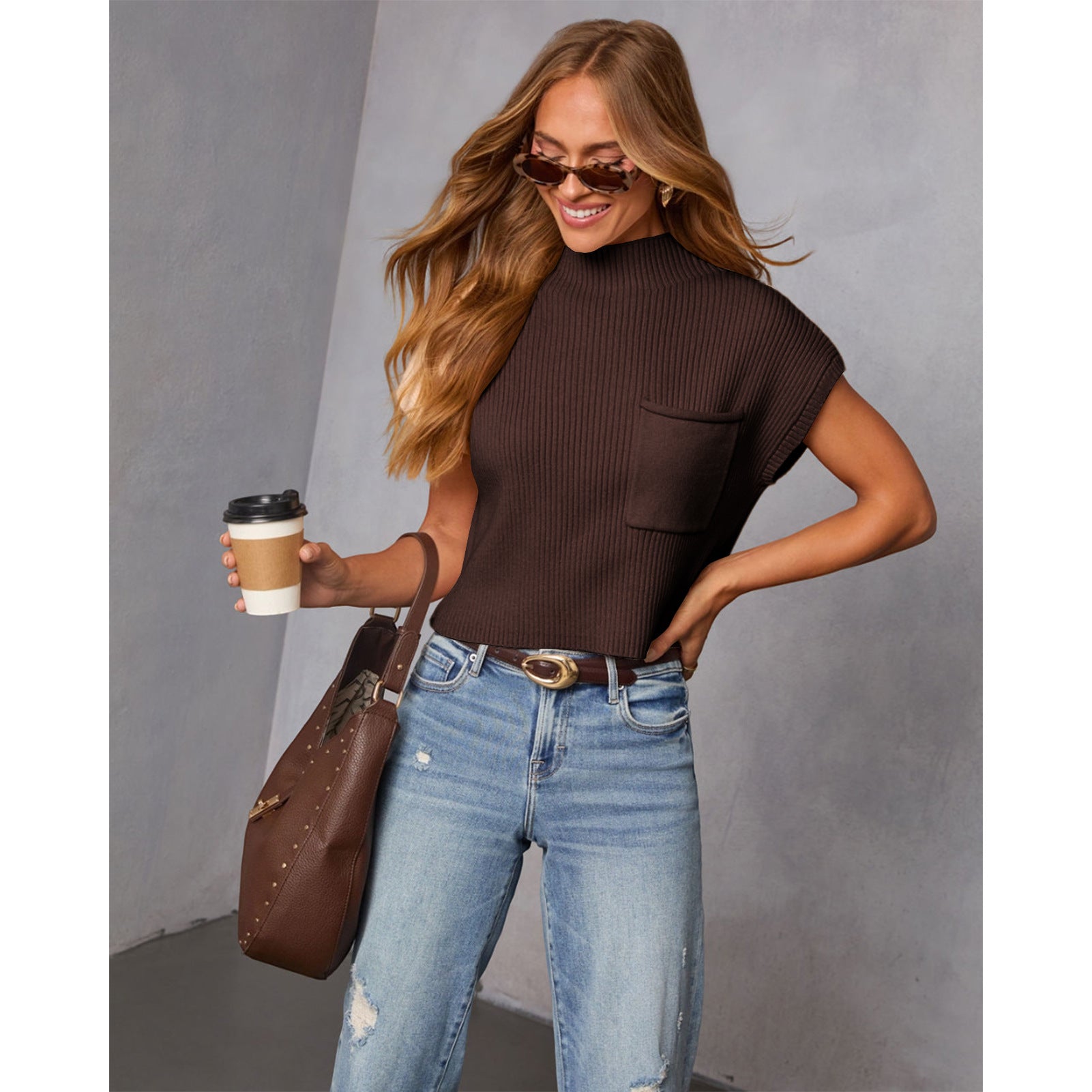 Women's Solid Color Knit Ribbed High-Neck Short Sleeve Top Sweater 5