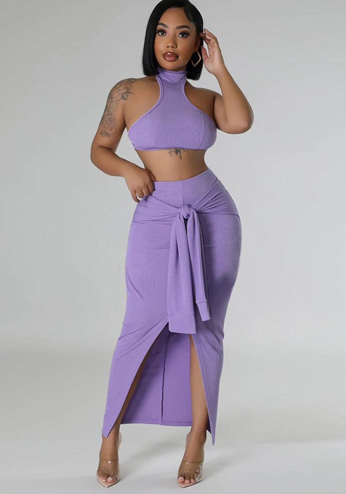 Fashion casual summer solid color sleeveless halter backless two piece skirt set