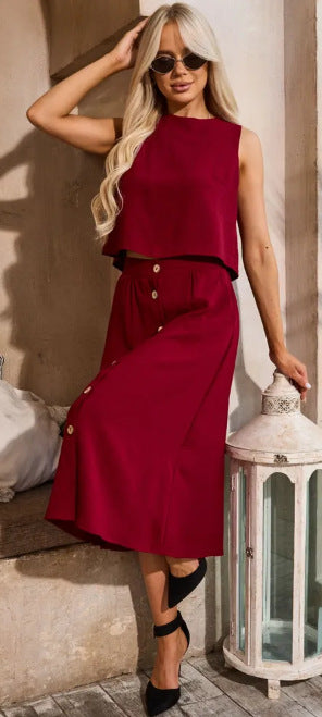 Women Casual Solid Round Neck Top and Skirt Two Piece Set 4