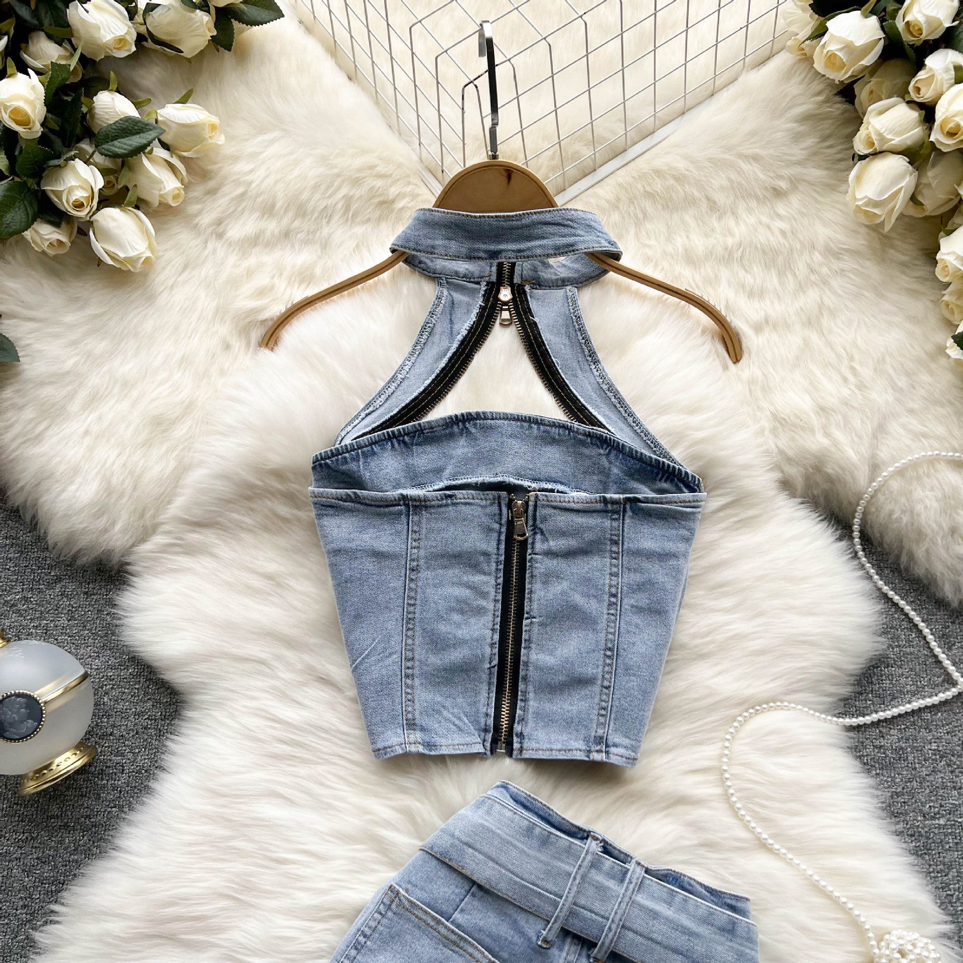 Women's Summer Halter Neck Crop Top Mini Skirt Two-Piece Denim Set 9