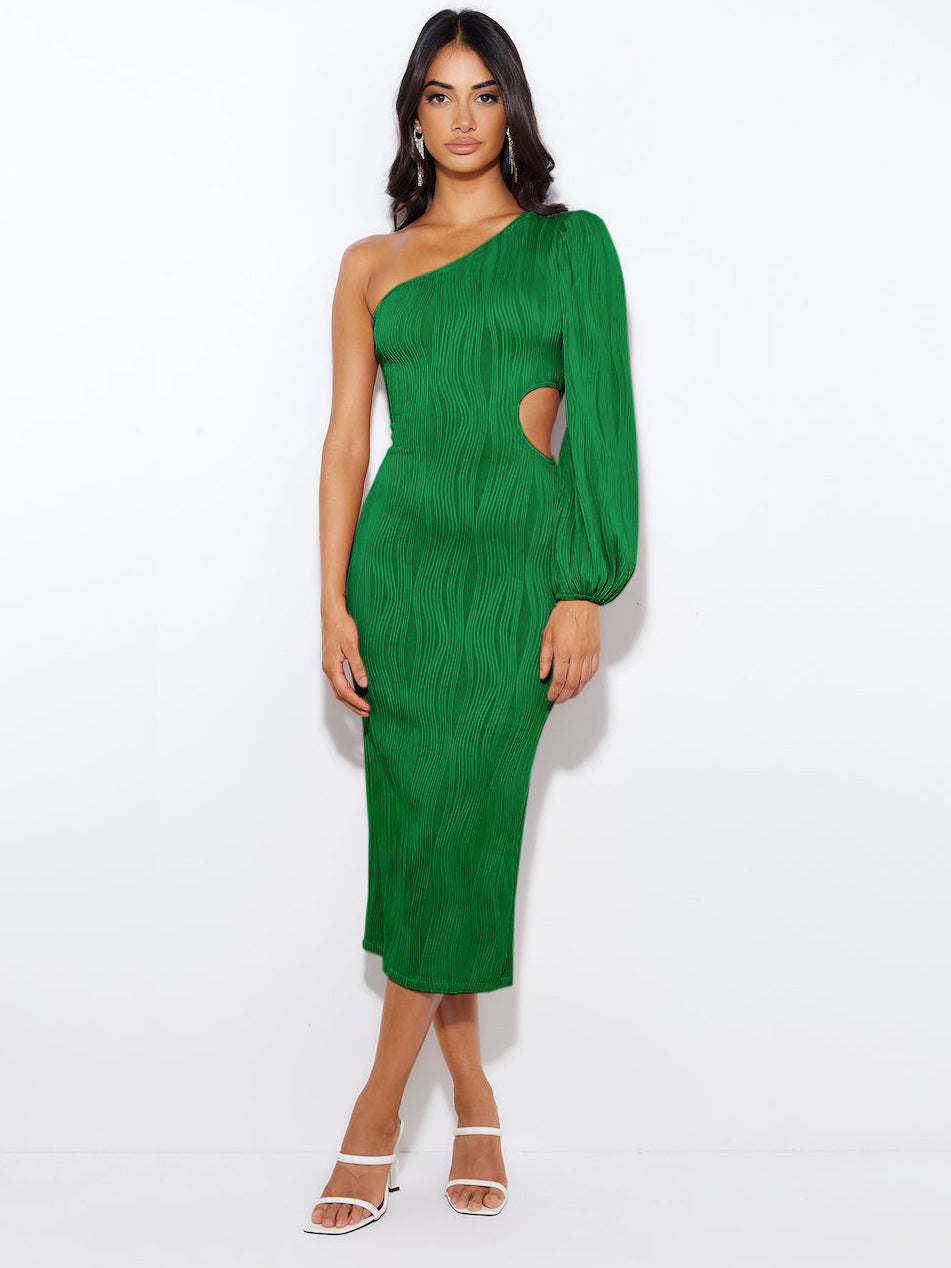 Women's Slash Shoulder Balloon Sleeve Sexy Hollow Long Dress 6