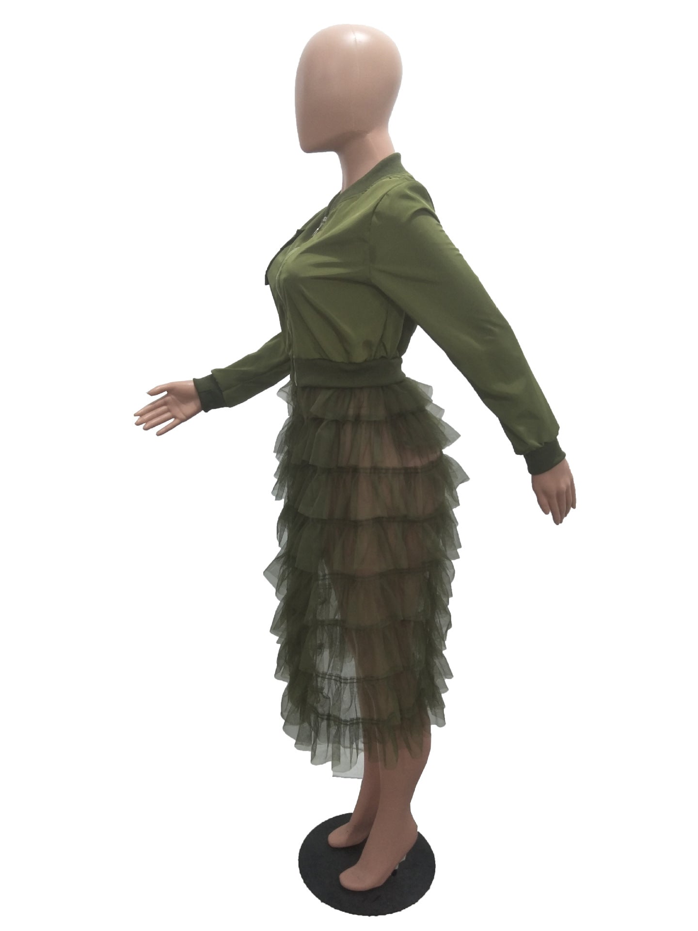 Fashionable Zipper Solid Color Mesh Lace Patchwork Jacket Coat 16