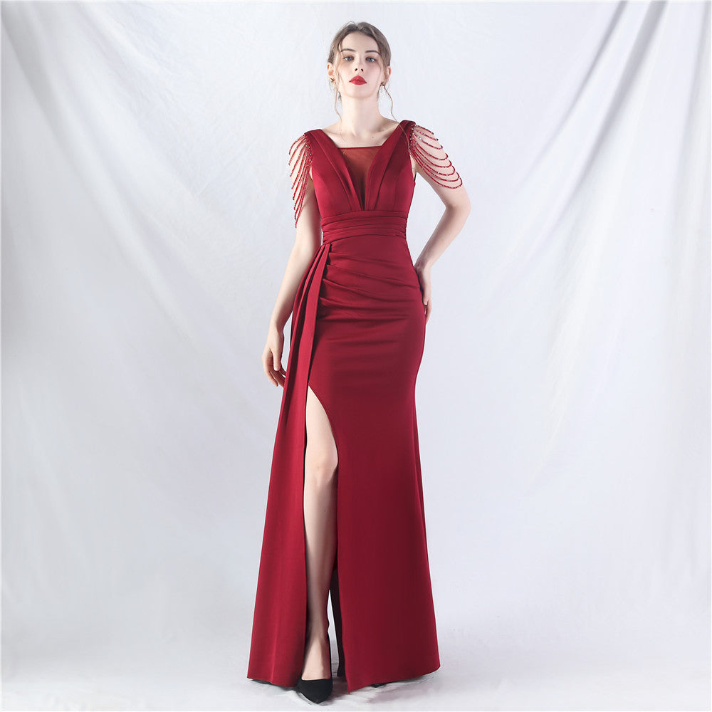 Women Satin Pleated Beaded Evening Dress 13