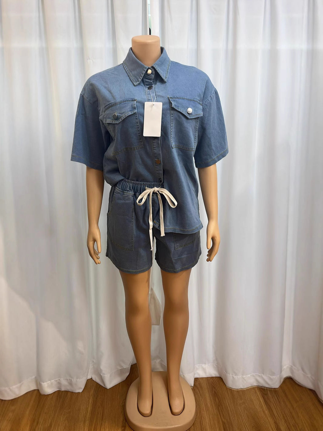 Women Denim Pocket Button Short Sleeve Top and Shorts Two-Piece Set 7