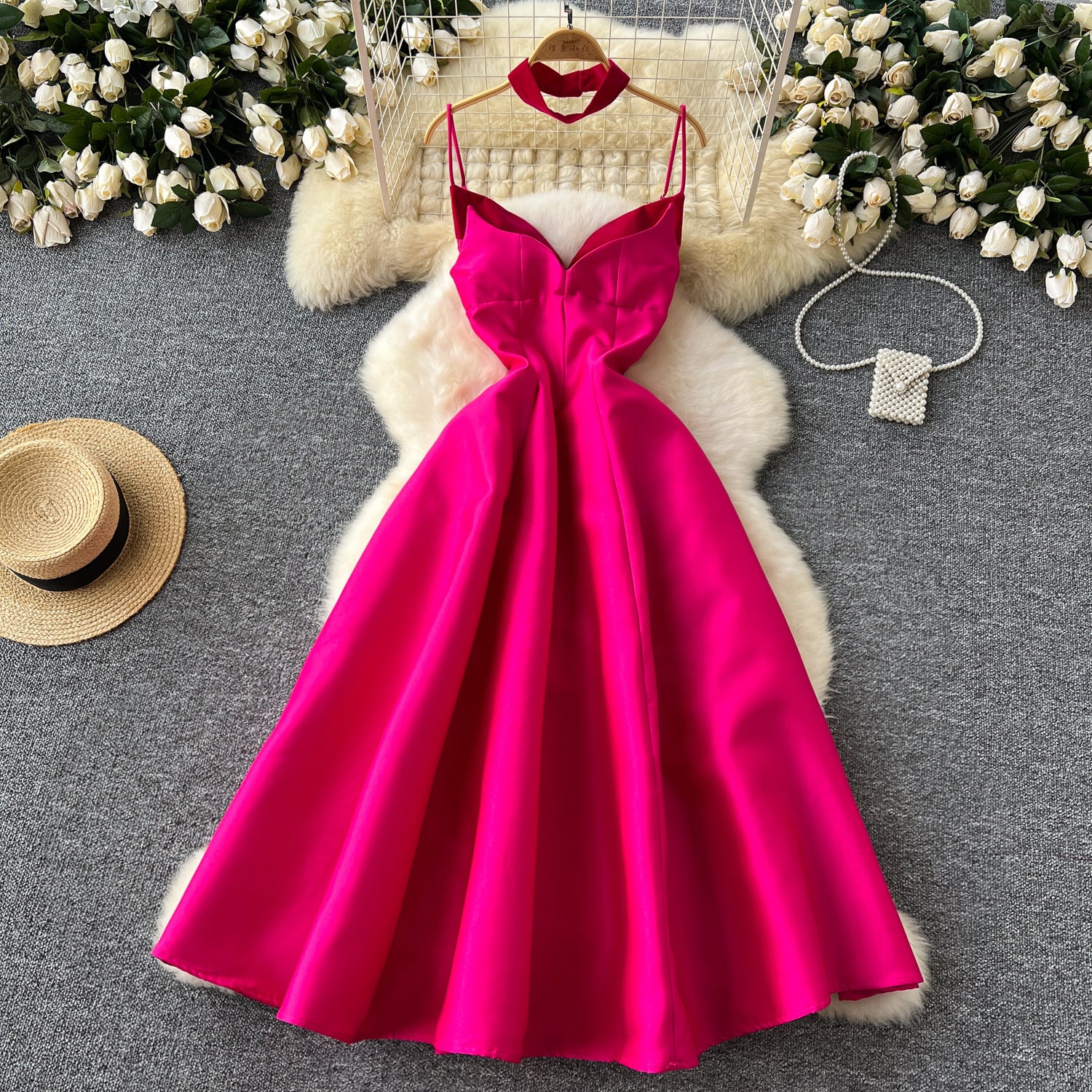 Luxury Strap V-Neck A-Line Flared Midi Dress 5