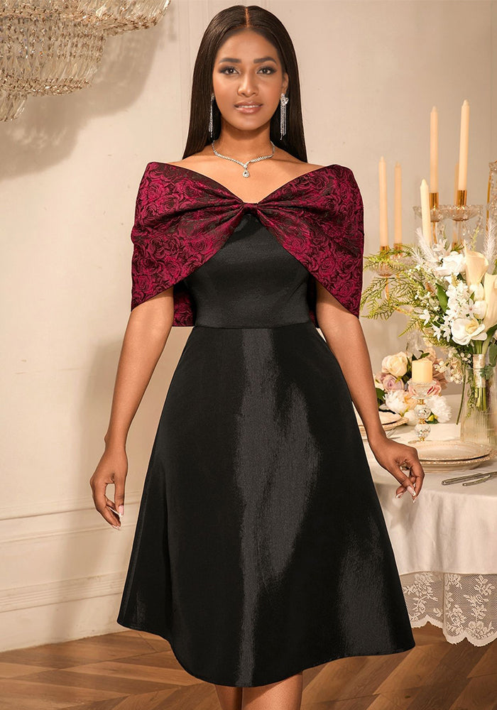 African Elegant Bow Off-Shoulder Rose Jacquard Patchwork Black Formal Party Dress
