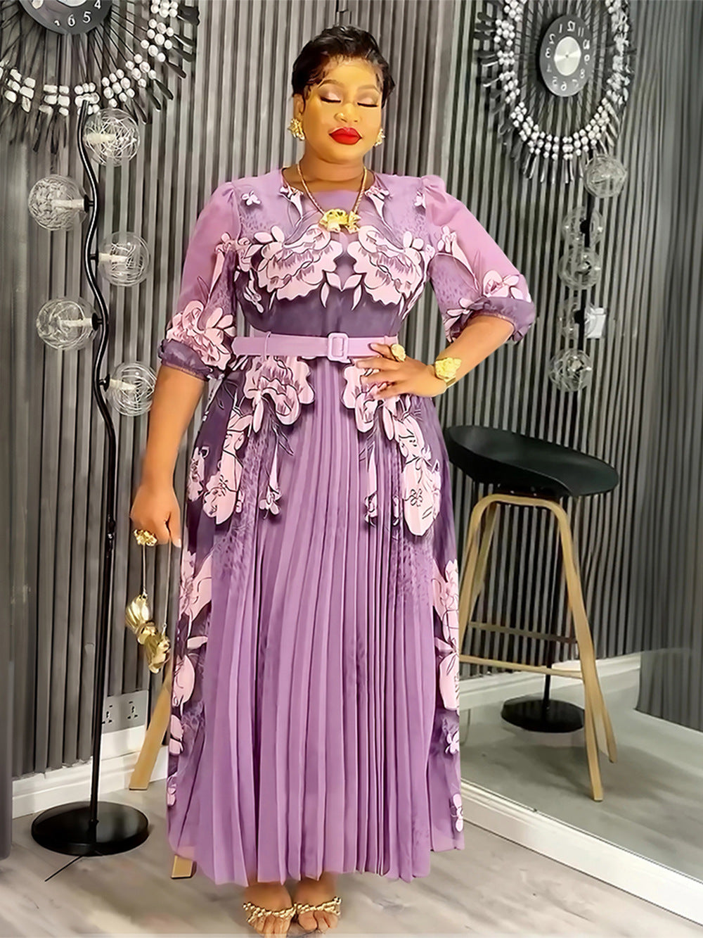Elegant Long Dress Africa Women's Plus Size Print Pleated Chiffon Dress