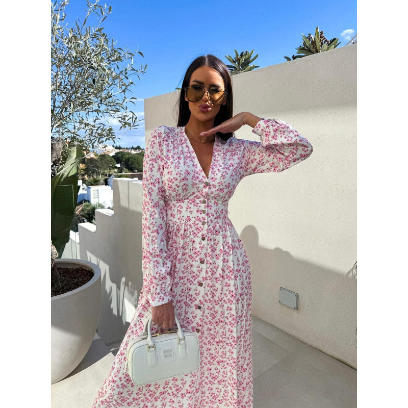 Long-Sleeve Floral Slim Waist Casual Dress 9