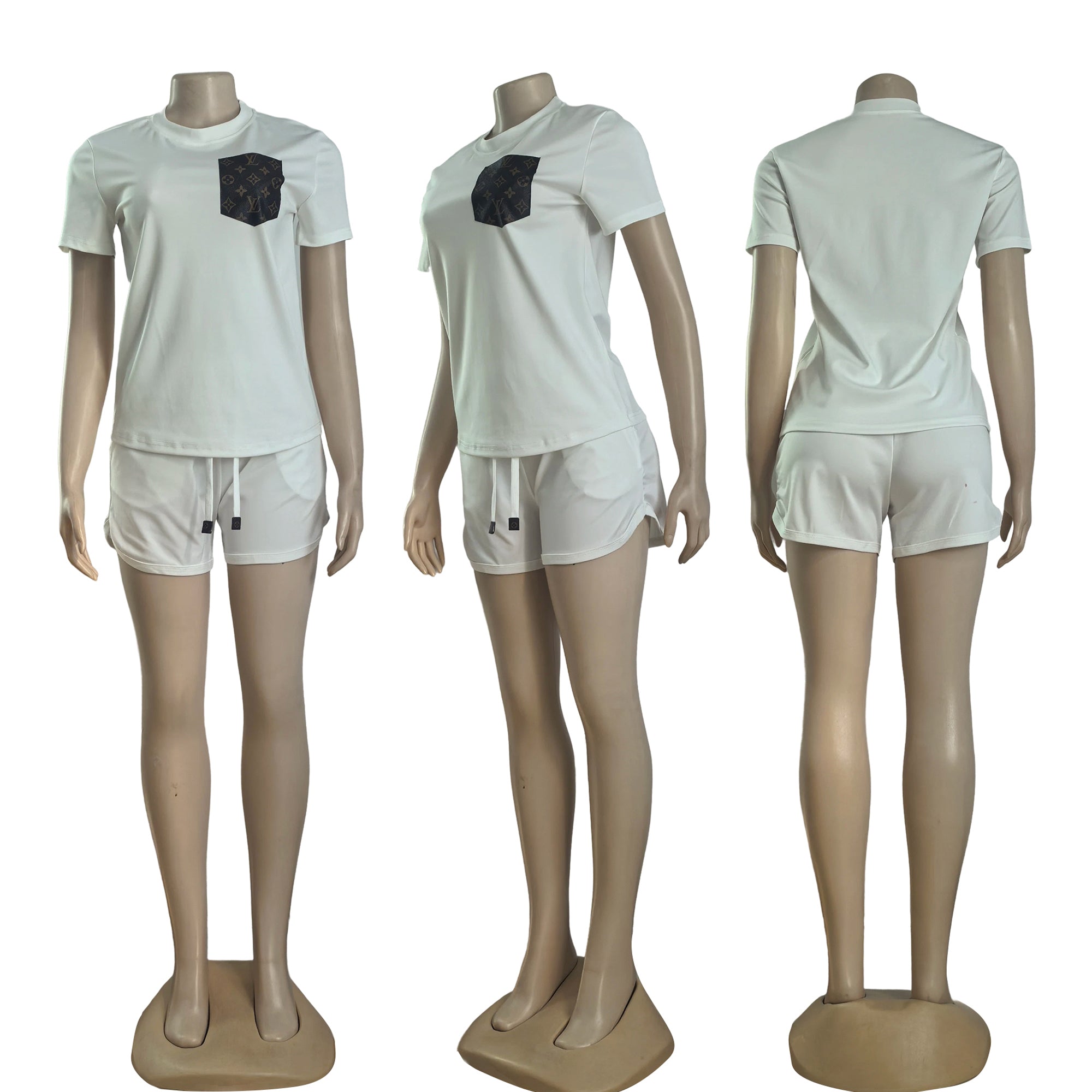 Women Casual PU-Leather Pocket Short Sleeve Top Shorts Two-piece Set 7