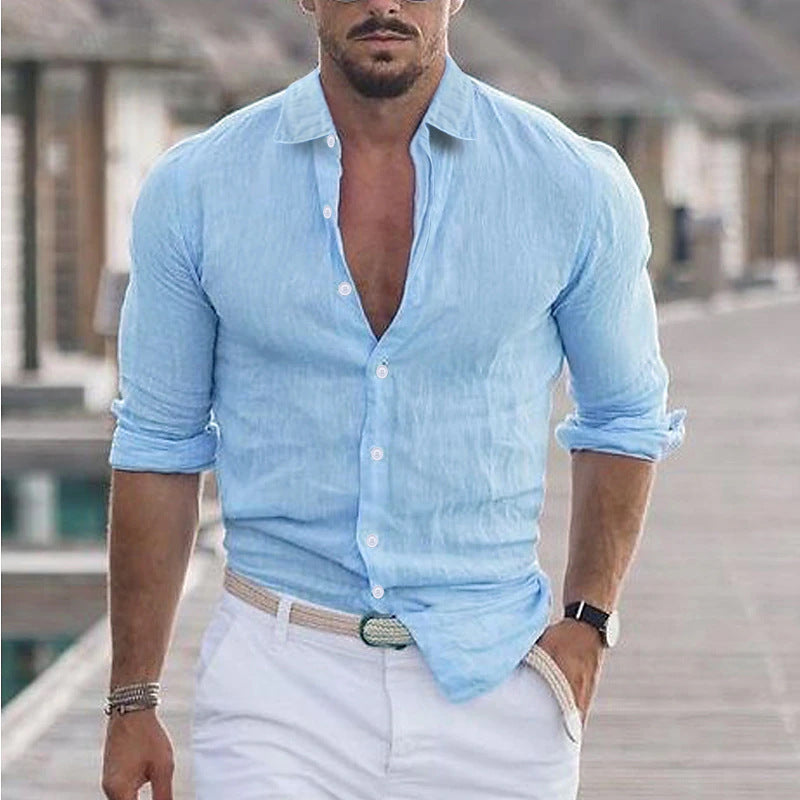 Men 's Summer Turndown Collar Long Sleeve Solid Color Beach Linen Shirt 13
