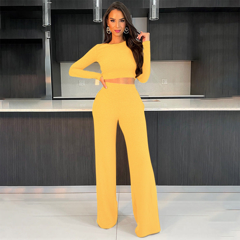 Women Autumn and Winter Long Sleeve Crop Top and Pant Casual Two-piece Set