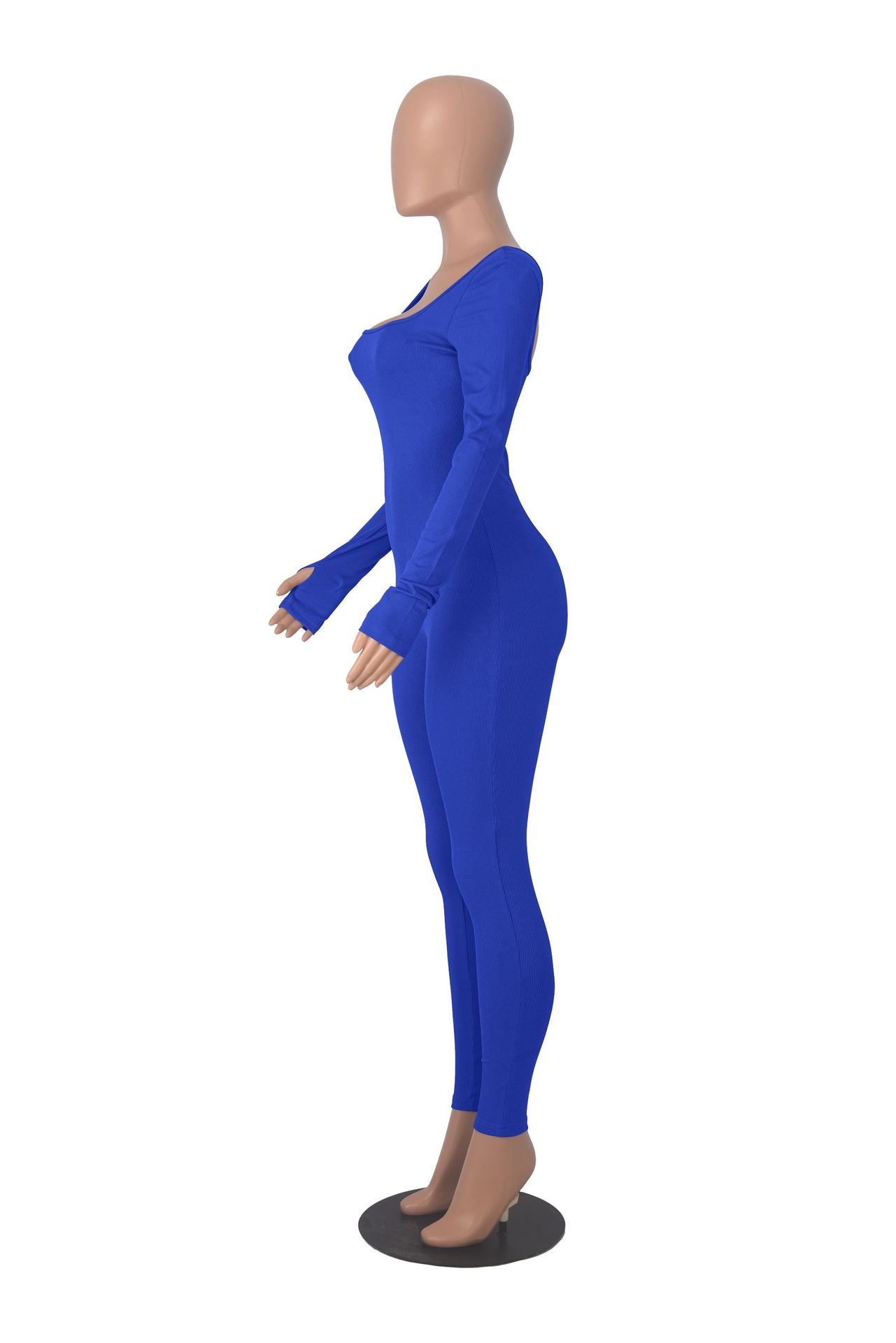 Women's Solid Color Long Sleeve Ribbed Square Neck Low Back Slim Fit Jumpsuit 34