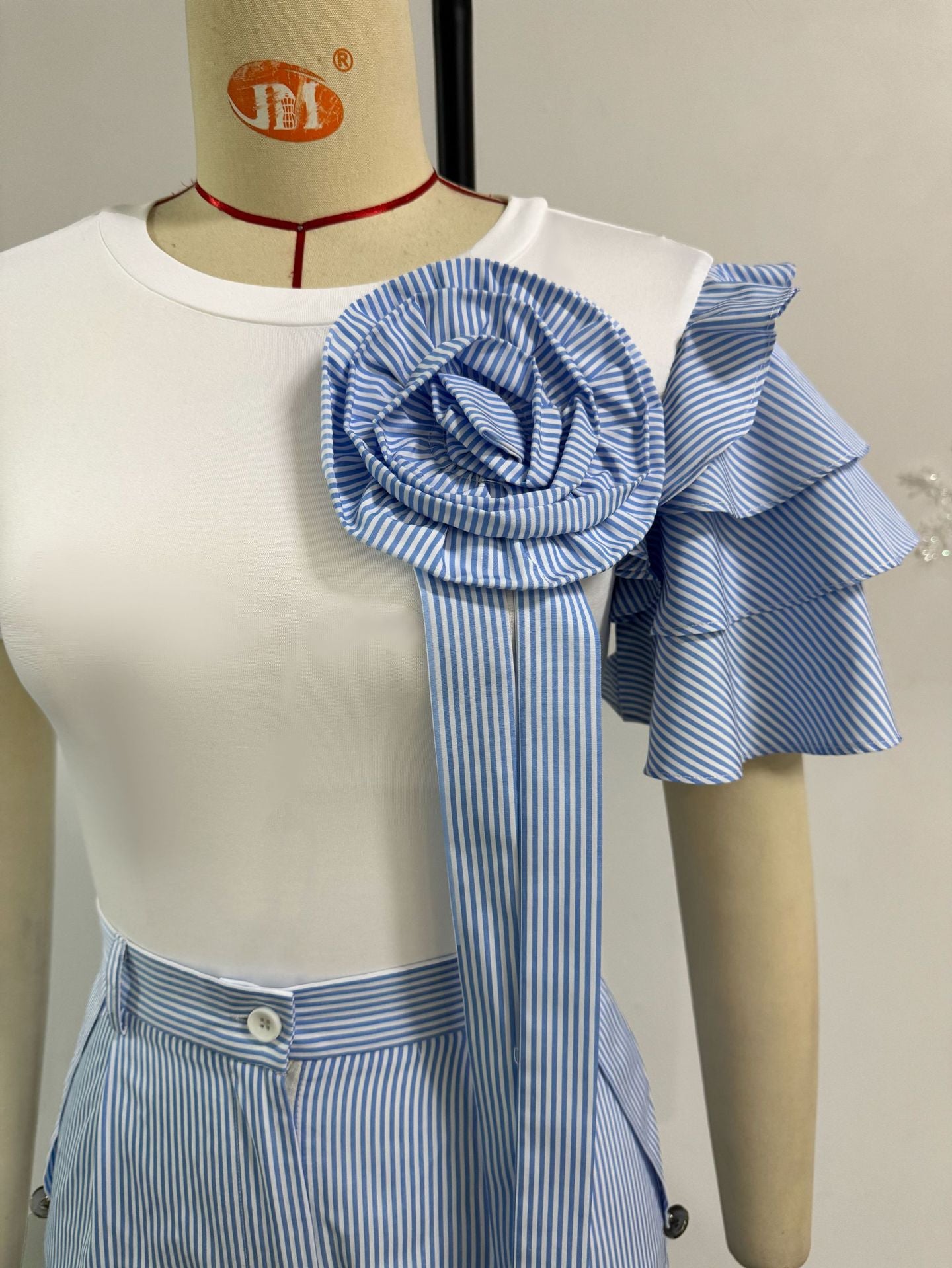 Women Round Neck Short-sleeved Striped Contrast Top and Wide-leg Pants Two-piece Set 13