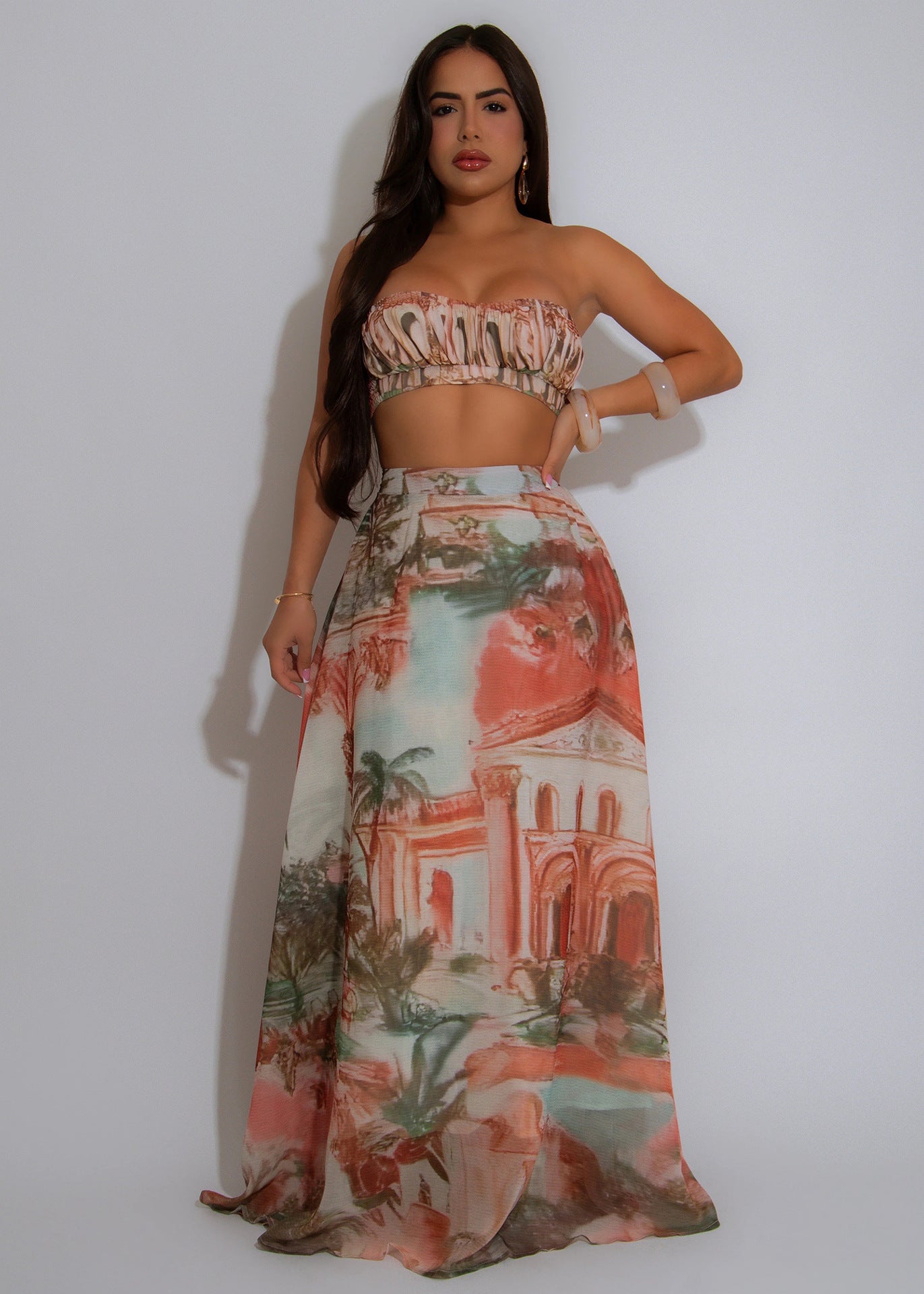 Casual Print Strapless Top High-Waist Chiffon Print Maxi Skirt Two-Piece Set