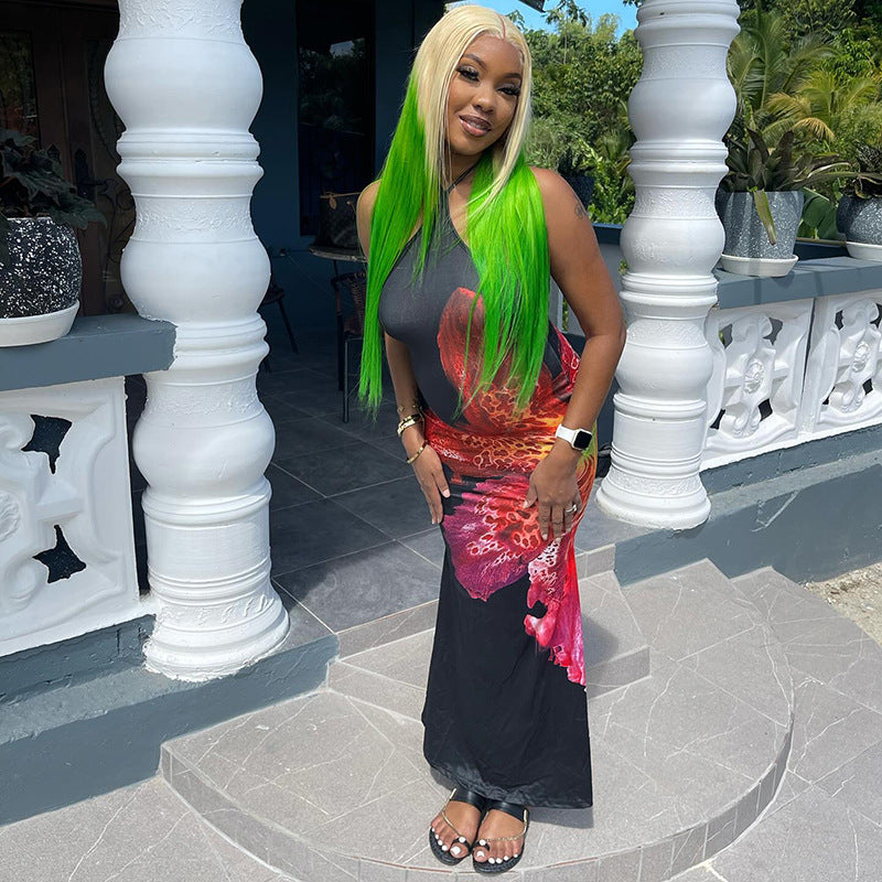 Women Floral Print Halter Neck Lace Sleeveless Bcakless Maxi Dress 19