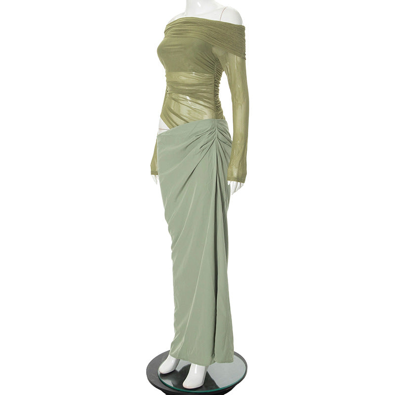 Women Summer Off Shoulder Long Sleeve Cut Out Patchwork Dress 13