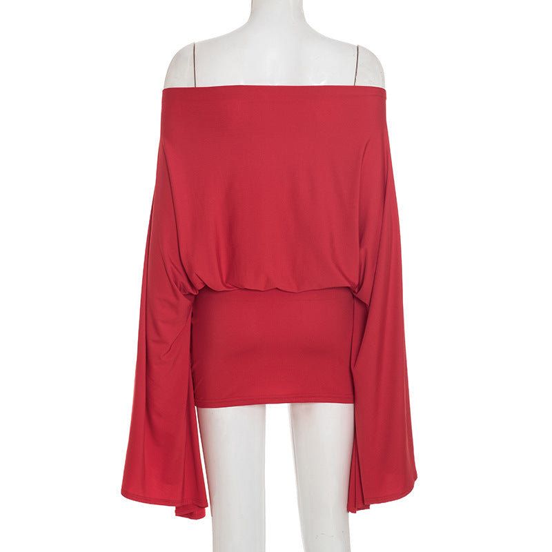 Women Off-Shoulder Bell Bottom Long-Sleeved Top and Skirt Two-Piece Set 34