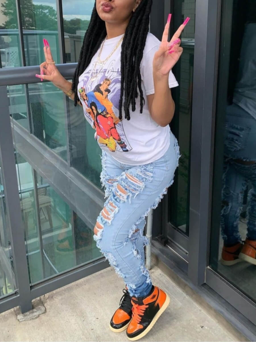 Ripped Denim Pant High Rise Stretch Plus Size Ombre Ladies Trousers 4