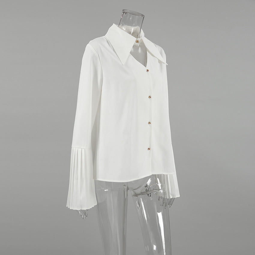 Women white sexy Turndown Collar long-sleeved hollow chiffon shirt 9
