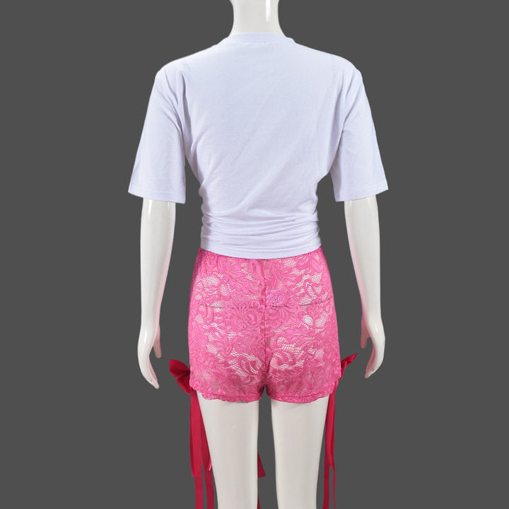 Sexy Bow Short Sleeve Top Lace Trend Shorts Women Two Piece Set 11