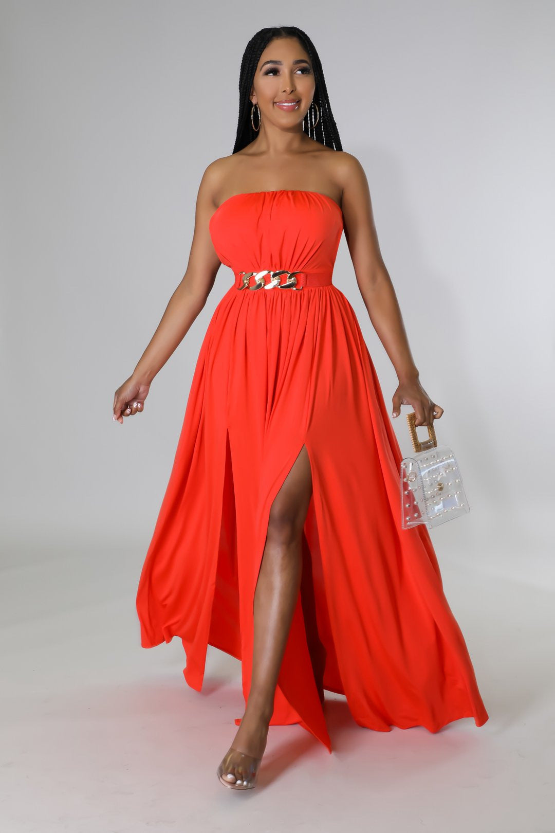 Women Solid Strapless Slit Belt Dress 5