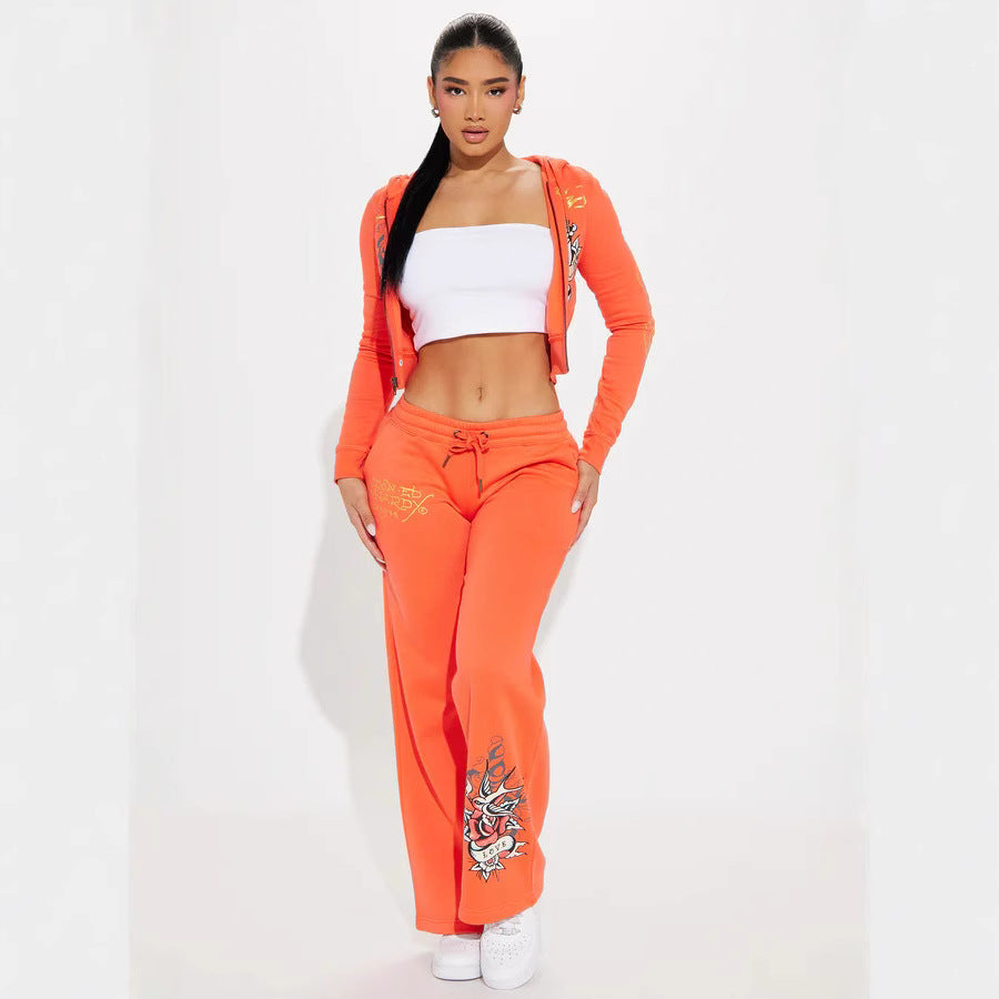 Women's Spring Print Hooded Zipper Two Piece Tracksuit 5