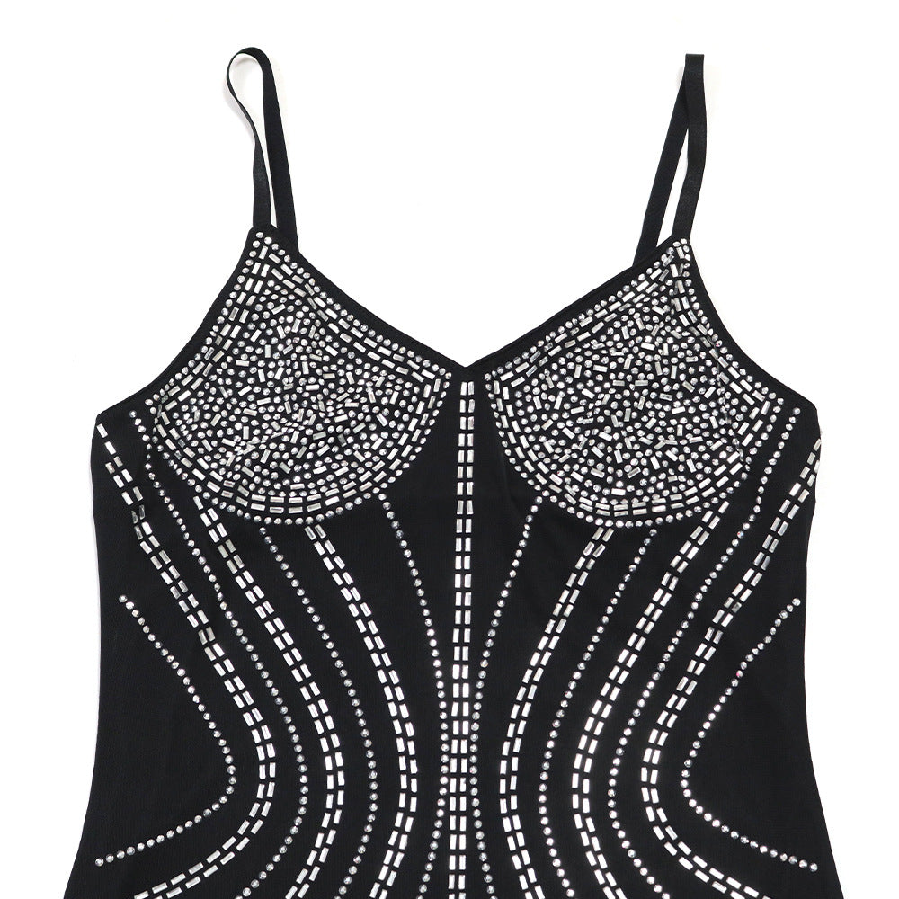 Women Solid Color Sexy Strap Bodycon Beaded Party Dress 9