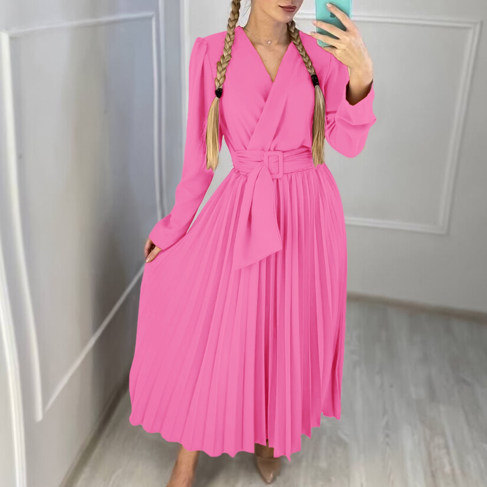 V-Neck Chic Elegant Slim Waist Belted Pleated High Waist Plus Size Dress 7