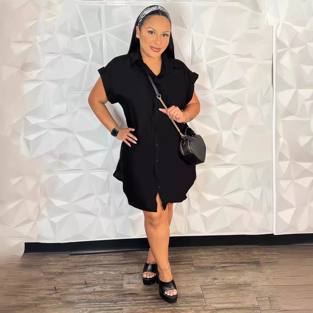 Summer Turndown Collar Solid Color Short Sleeve Single-Breasted Casual Shirt Dress 5