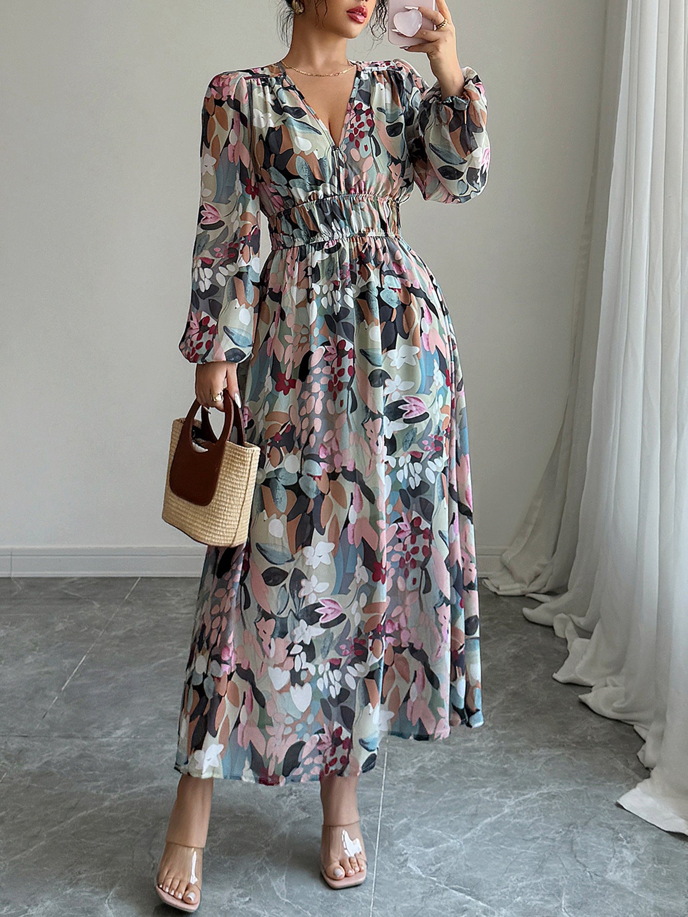 Spring/Summer Women's Chic Elegant Print V-Neck Slim Waist Dress