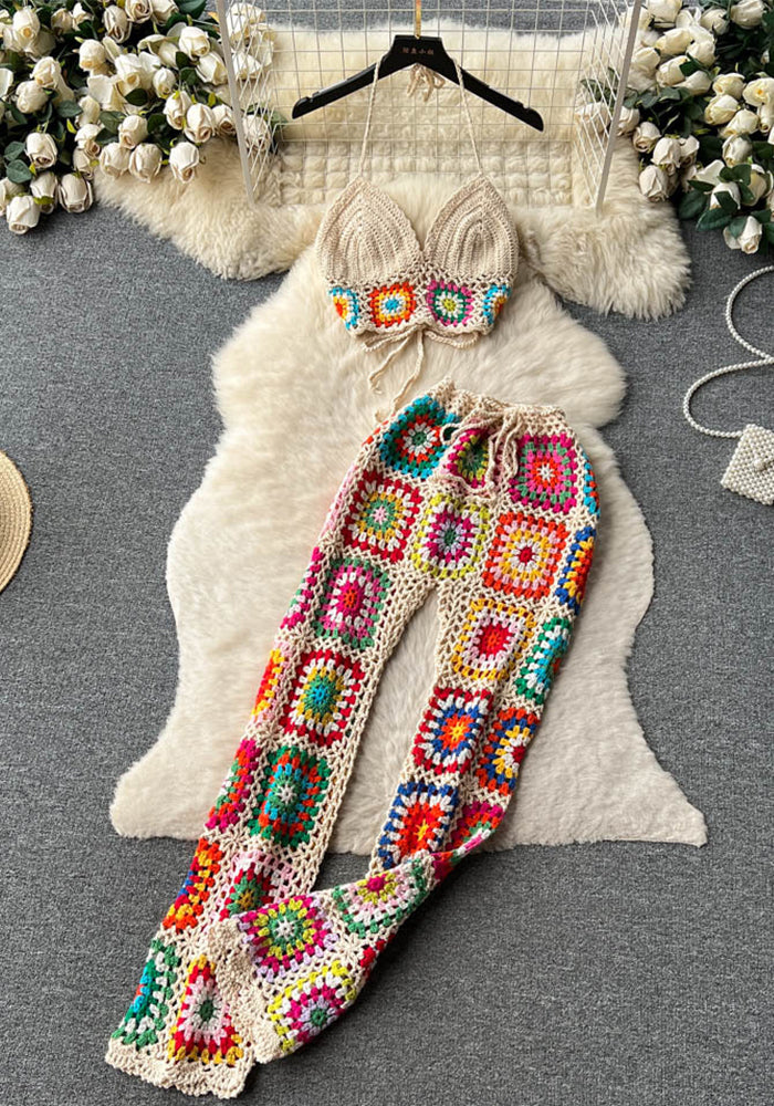 Women Summer Crochet Flower Suspender Top and Wide Leg Pants Retro Two-piece Set