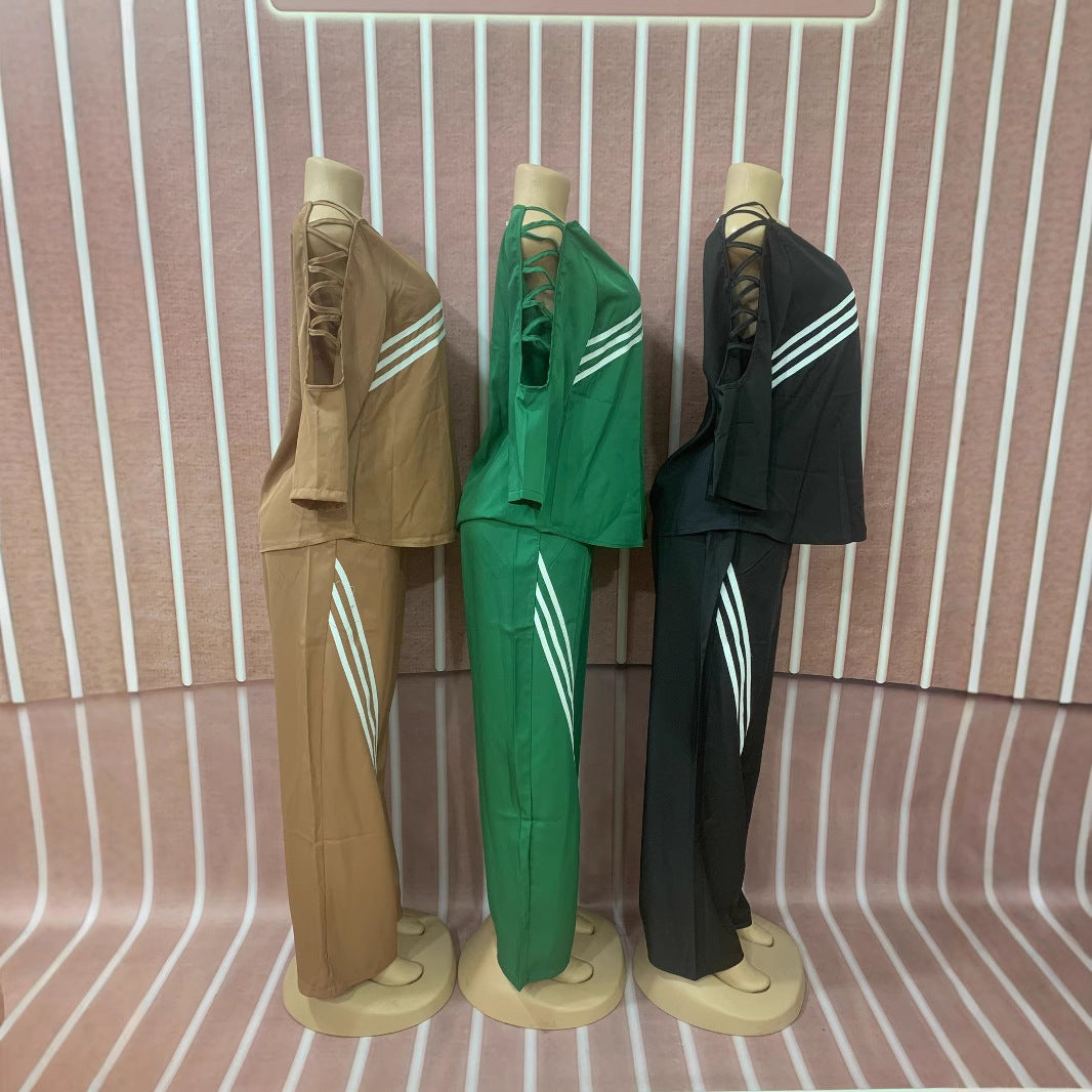 Women Twill color matching Casual Top and trousers Two Piece Set 8