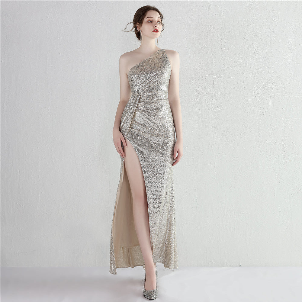 Sequined One-Shoulder Formal Party Split Long Sequined Evening Dress 5