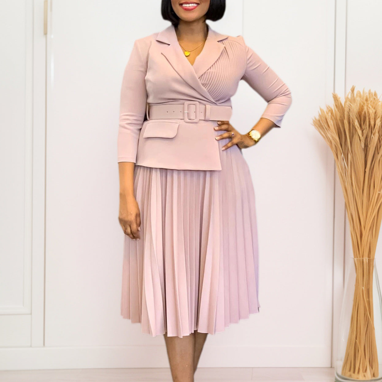 Women Fall/Winter Turndown Collar Pleated African Dress 3