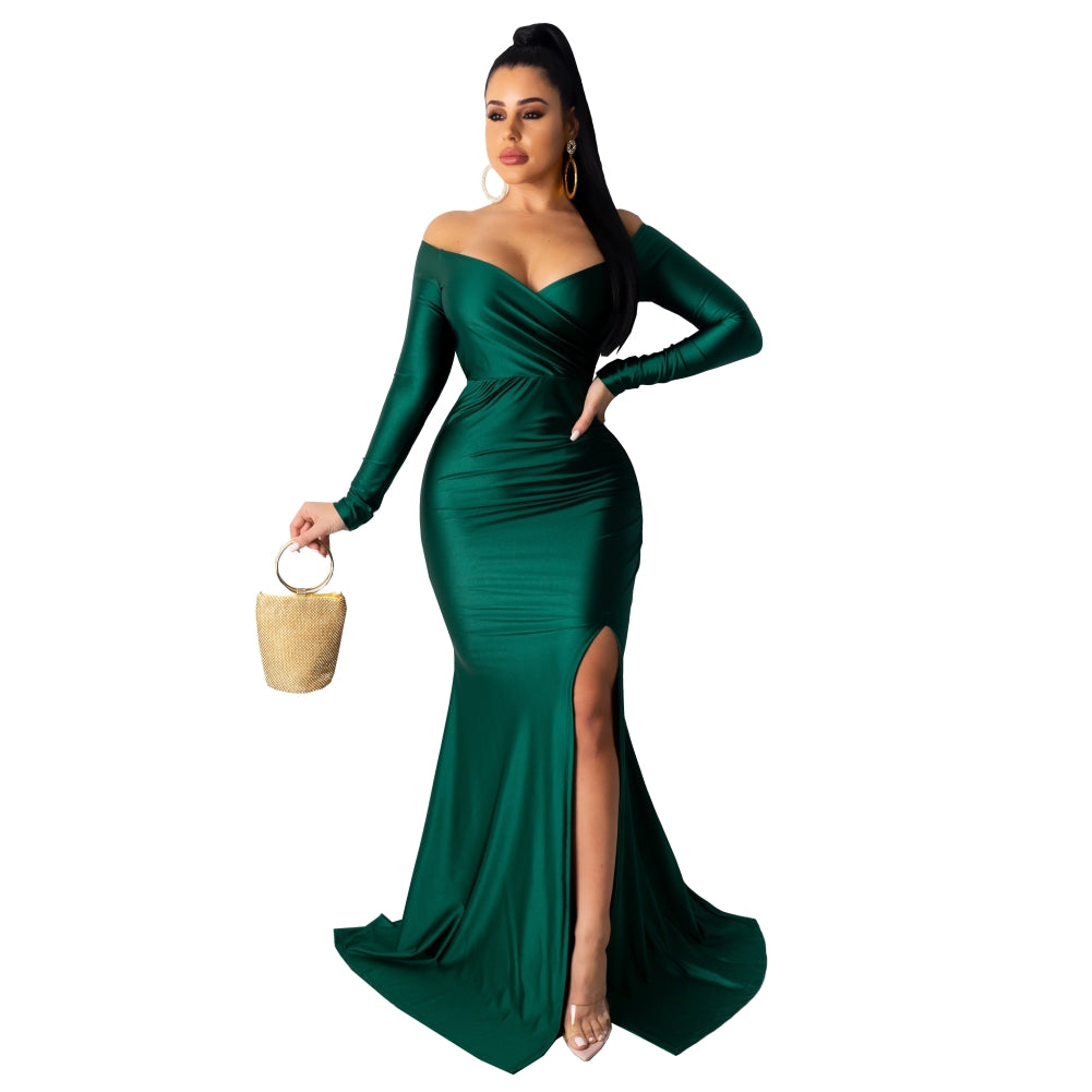 Green Sexy Sweetheart Long Sleeve Slit Mermaid Evening Dress 3