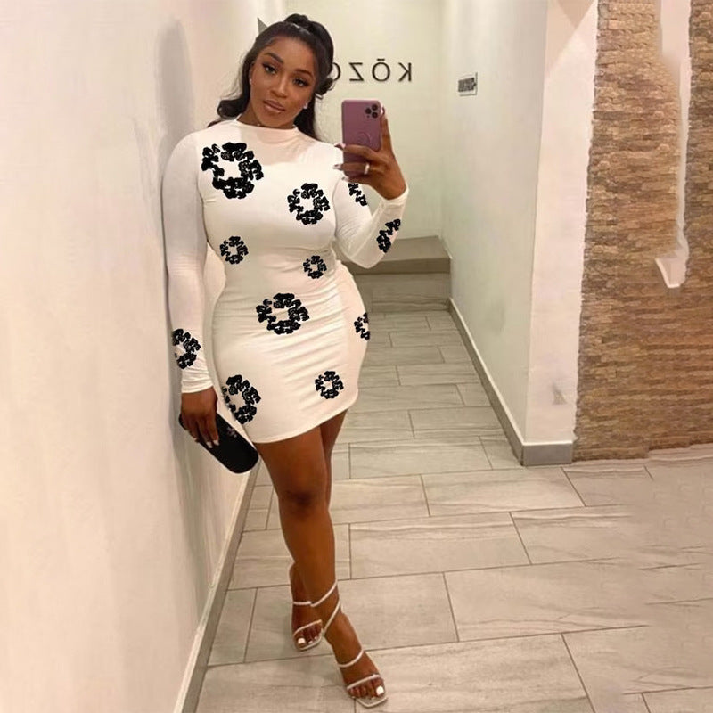 Women Round Neck Long Sleeve Flower Print Dress 3