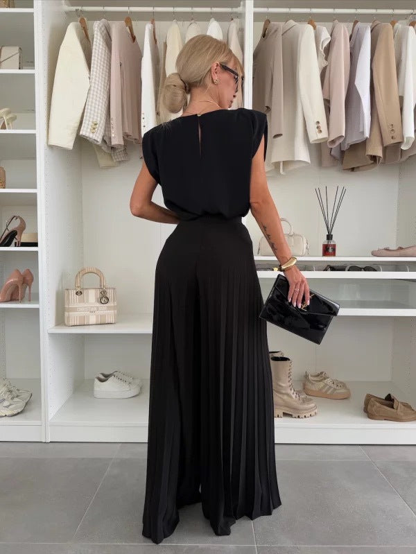 Women Summer Pleated Top and Pleated Wide Leg Pants Two Piece Set 5