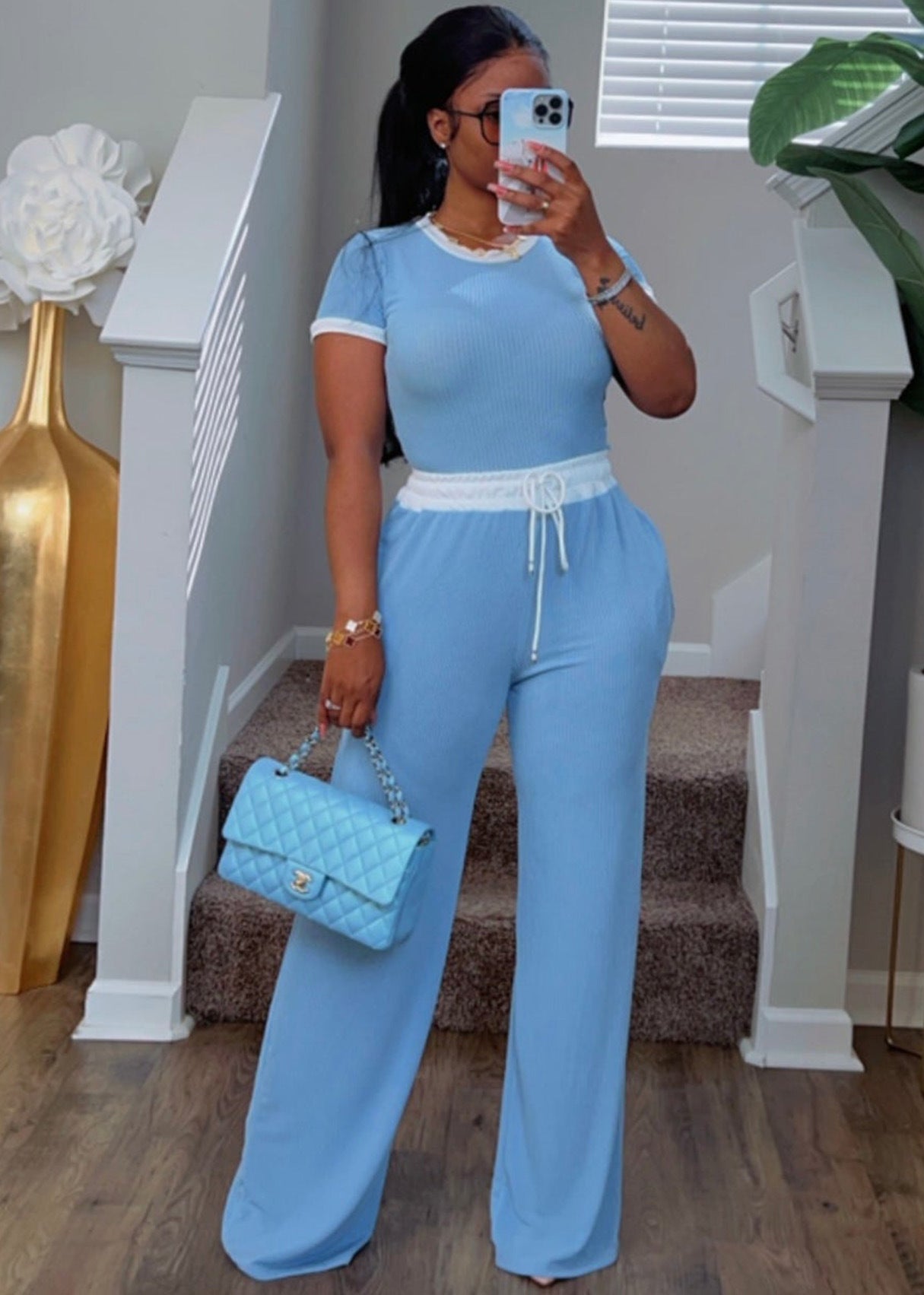 Women's Casual Street Contrast Color Round Neck Short Sleeve Two Piece Pants Set 7