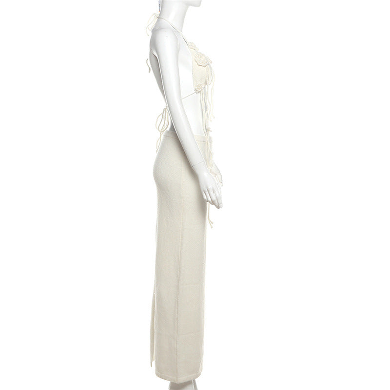 Women summer Chic sexy knitting sleeveless Halter Neck Crop Top and Bodycon Skirt two-piece set 7